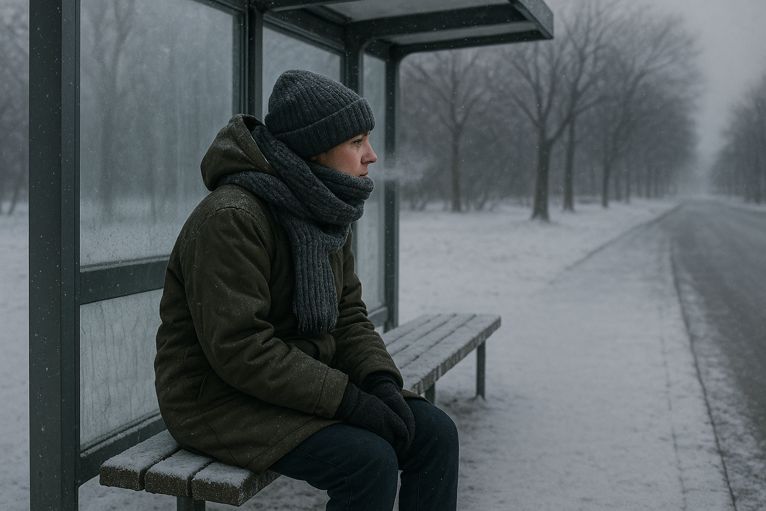 person sitting at a bus stop on a cold day